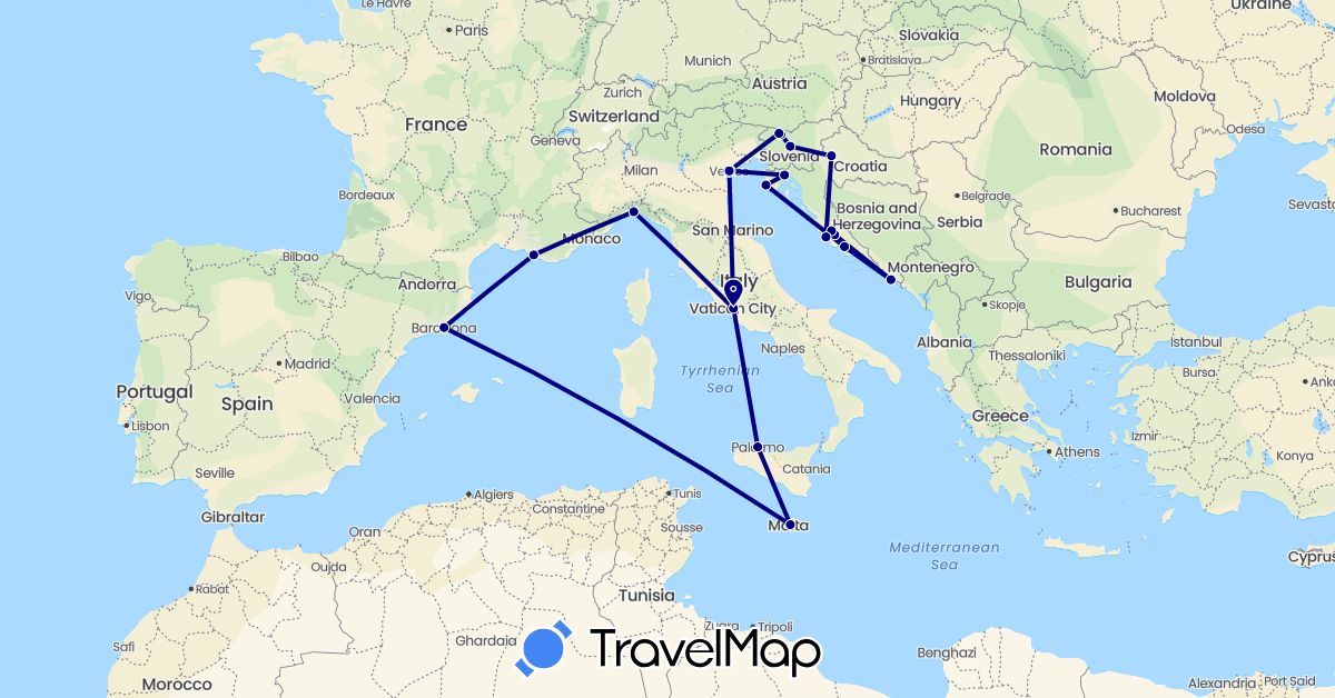TravelMap itinerary: driving in Spain, France, Croatia, Italy, Malta, Slovenia (Europe)